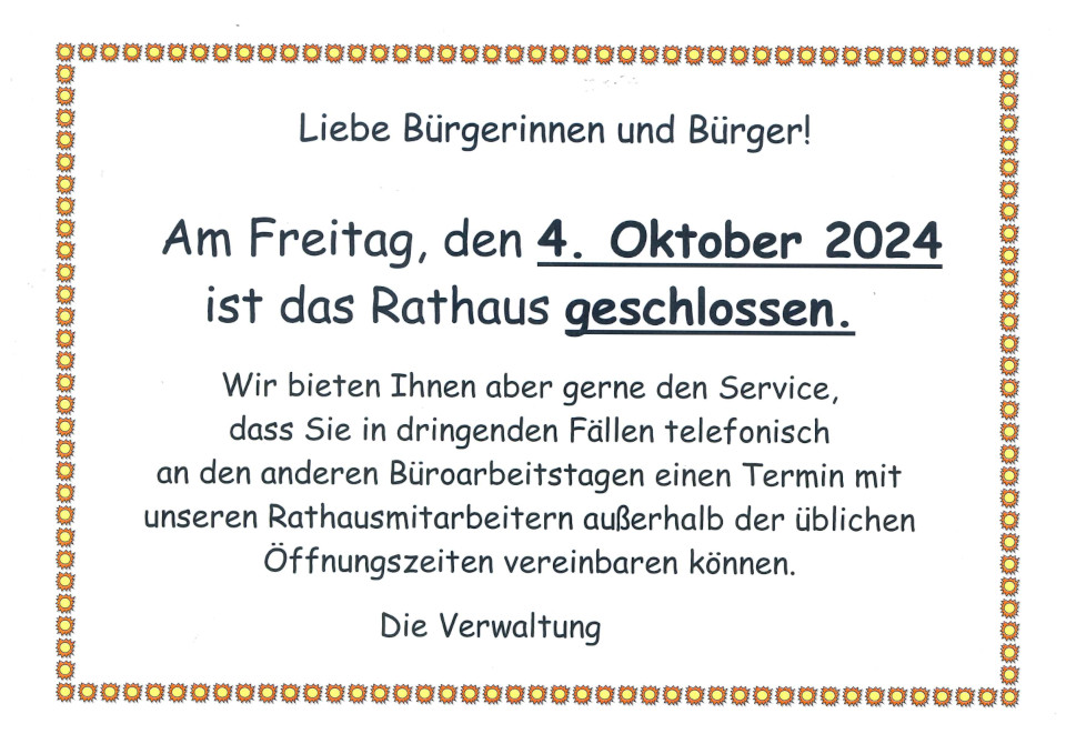 Rathaus am 4. Oktober 2024 geschlossen